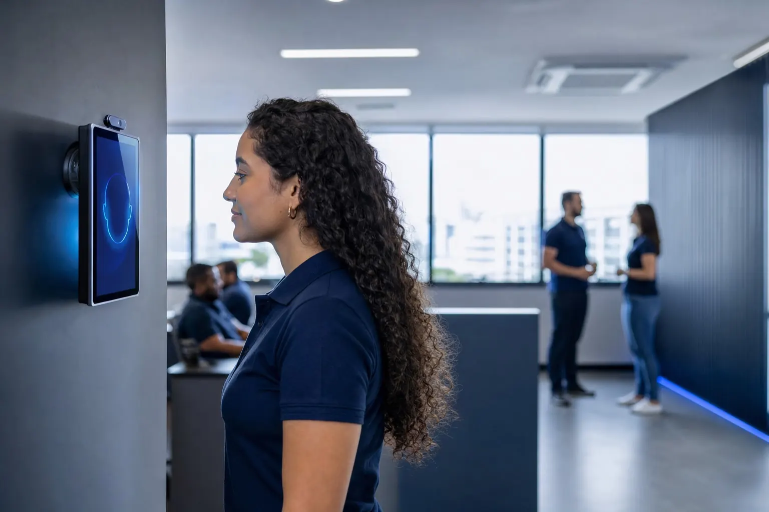 Colaboradora diante de um terminal com câmera na recepção de uma empresa