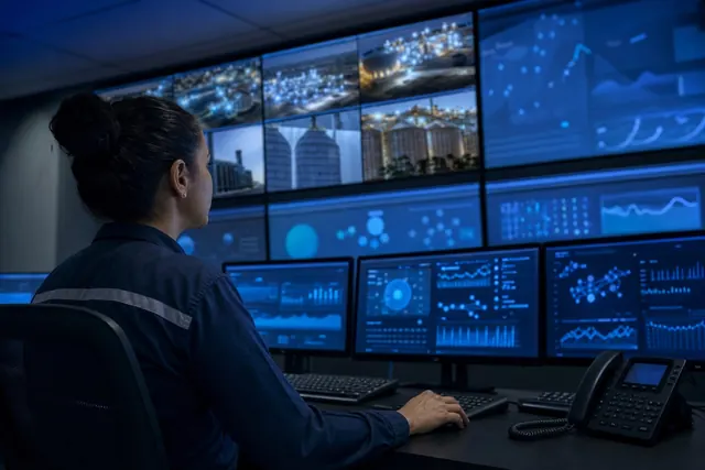 Sala de controle industrial com operadora acompanhando câmeras