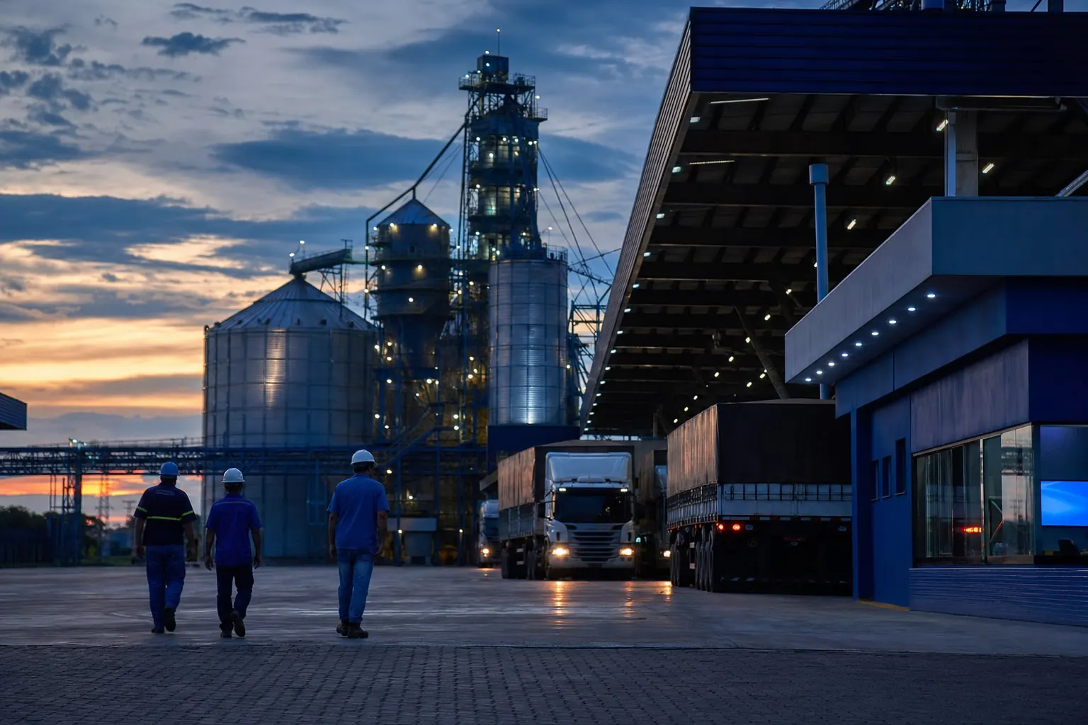 Unidade agroindustrial com silos e área de recebimento de caminhões