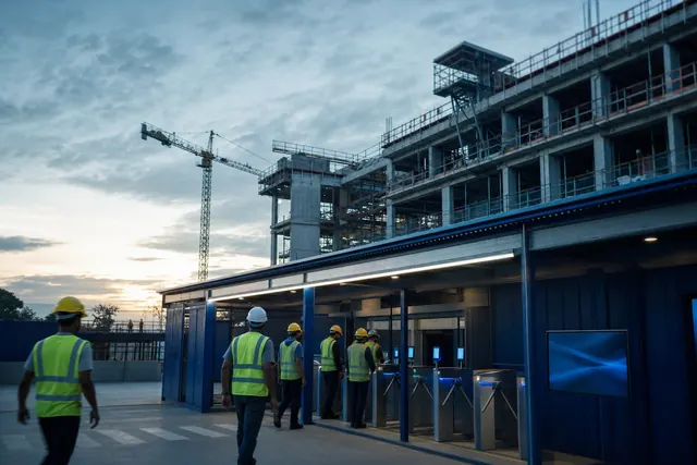 Canteiro de obras com catracas de acesso e trabalhadores com EPI
